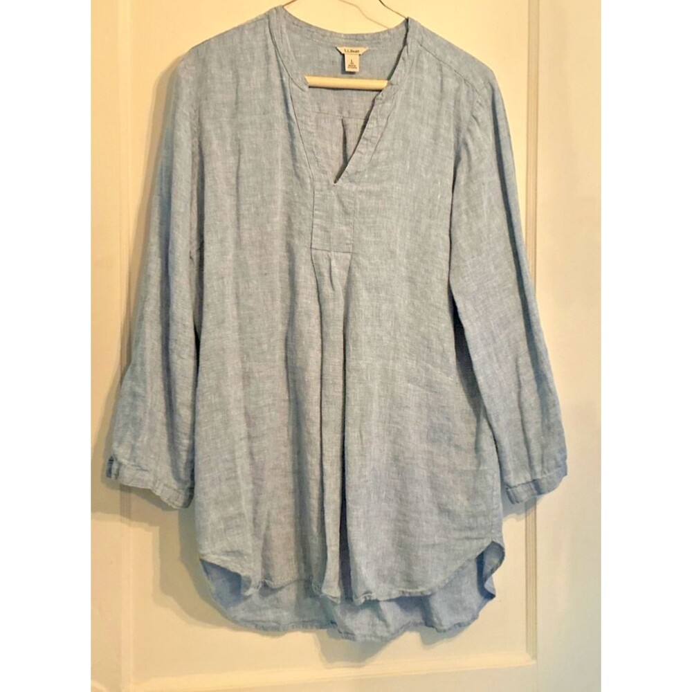 NWT L.L. Bean Blue  100% Linen Tunic Blouse Size L  Washable Classic